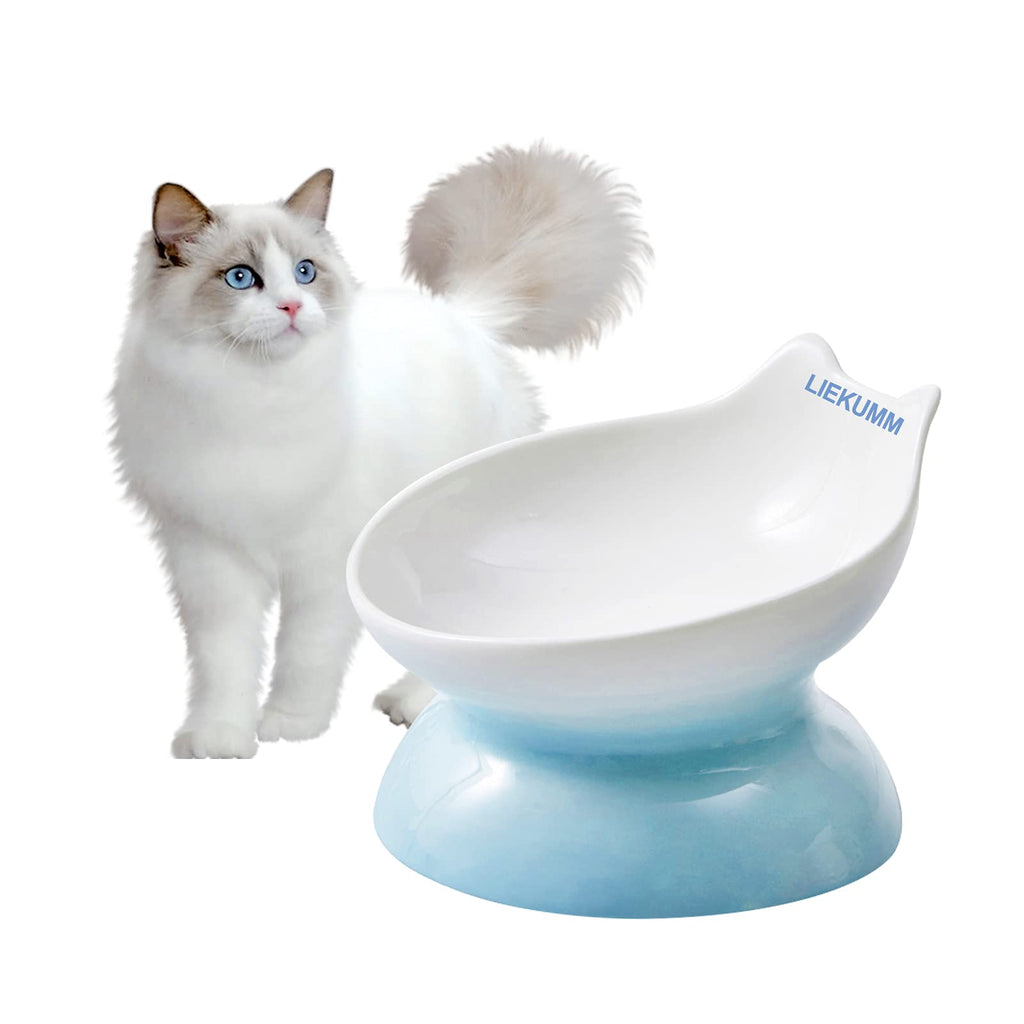 LIEKUMM Ceramic Cat Bowls, 3.5 oz Raised Cat Bowl, Ceramic Pet Bowl, Cat Face Design, Non Slip Cat Food and Water Bowl, Protection Pets Cervical & Vertebra, Suitable for Cats and Small Dogs BLUE - PawsPlanet Australia