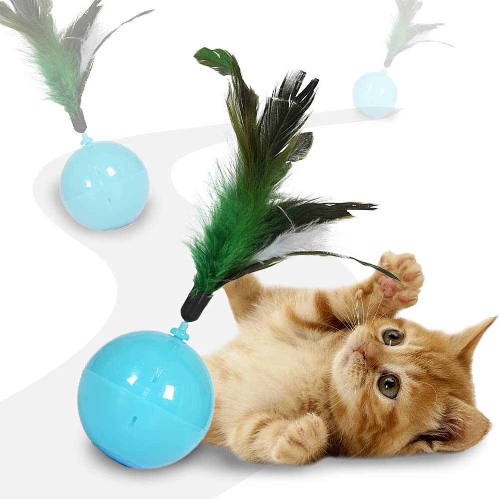 Interactive Cat Toys with 6 Modes and 3 Playing Methods, 360 Degree Automatic Rotating Cat Ball Toy with LED and Feather, USB Charging Automatic Cat Toy Blue - PawsPlanet Australia