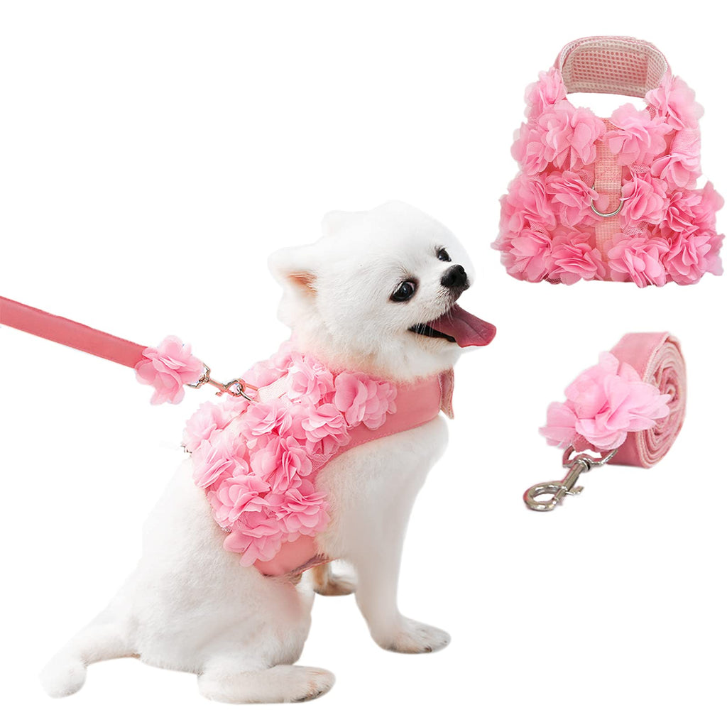 Dog Dress Harness Vest with Leash, Pet Flower Outfit Harness Spring Summer Autumn Winter, Puppy Walk Princess Skirt for Small Medium Dogs Girl, Escape Proof Doggy Outdoor Harness for Cats Small Dogs S Pink - PawsPlanet Australia