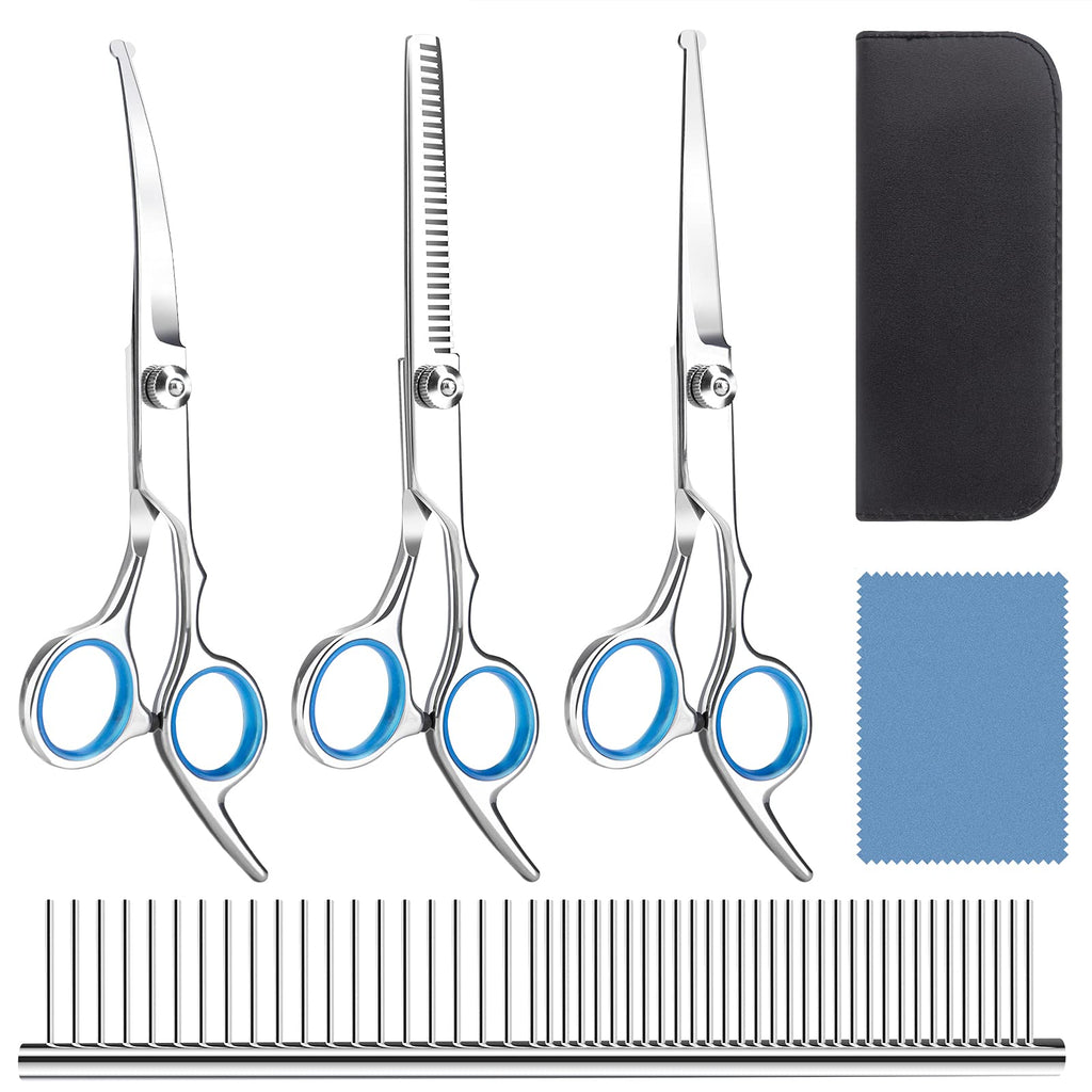 Depets Professional Dog Grooming Scissors, Round Tips Pet Scissors Set - Straight, Curved, Thinning Dog Shears & Pet Combs, Durable Pet Grooming Scissors for Small and Medium Dogs Puppies Cats - PawsPlanet Australia