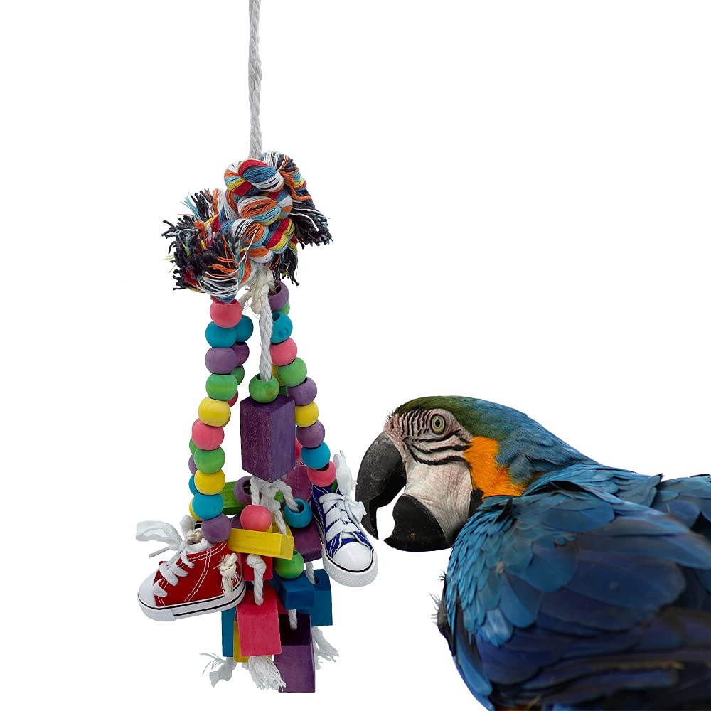 GILYGI 22.4” Large Parrot Chew Toy Bird Chewing Toy Multicolored Wooden Blocks Tearing Toys with 4 Mini Sneakers for African Grey Macaws Cockatoos Eclectus Amazon Parrot Birds - PawsPlanet Australia