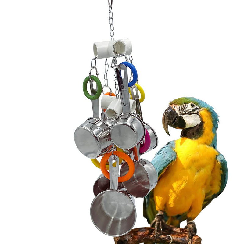 GILYGI Durable Bird Parrots Pots and Multicolored Ring Toys, Pullable 8 Stainless Steel Cups and 8 Wooden Ring Toys for Amazons Macaws African Greys Cockatoos Eclectus - PawsPlanet Australia