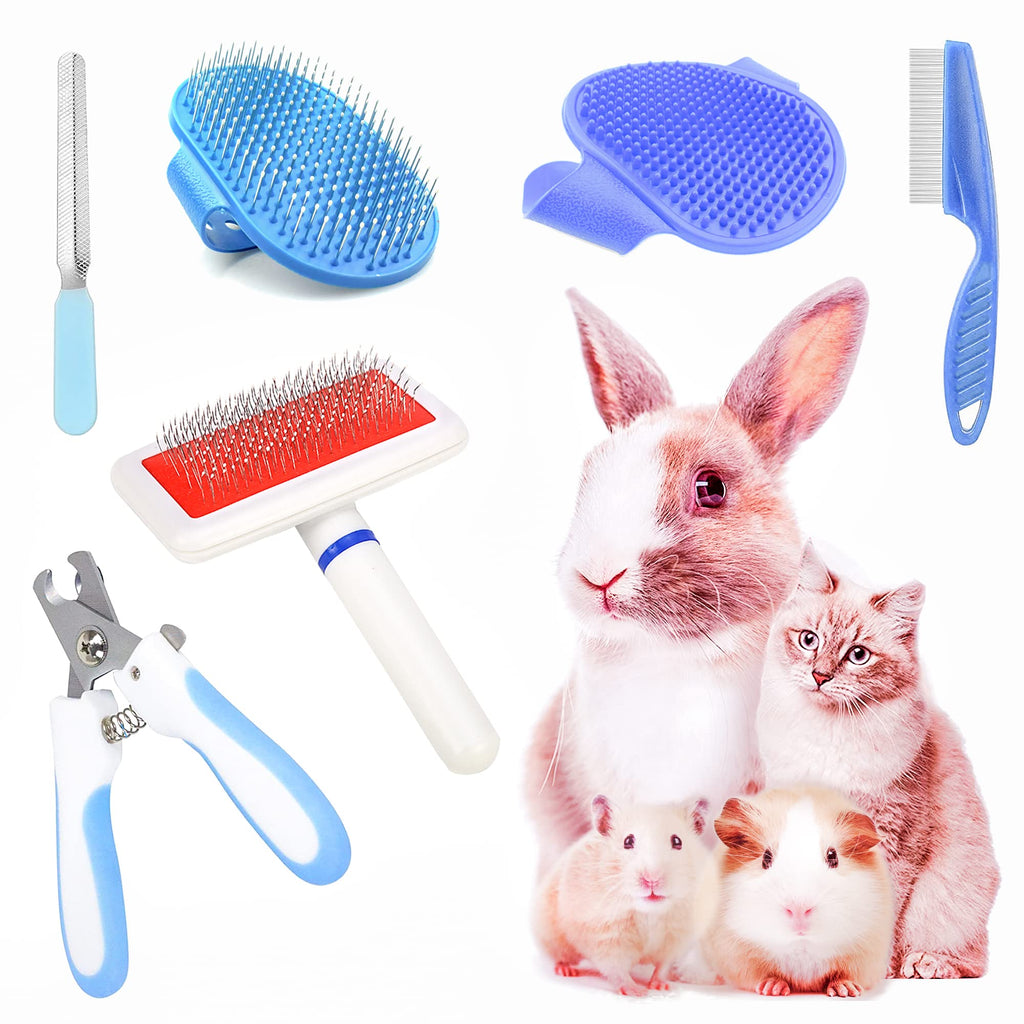 6-Piece Rabbit Grooming Kit with Pet Grooming Shedding Slicker Brush, Bath Massage Glove Brush, Nail Clipper, Flea Comb for Bunny, Puppy, Kitten, Guinea Pig, Hamster, Ferret, Small Animal Pets Blue - PawsPlanet Australia
