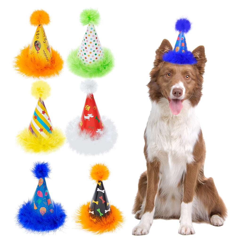 TAILGOO Dog Party Hat Set - 6 Pack Adjustable Colorful Caps Long Short Plush Happy Birthday Party Doggies Hats with Patterns Paw, Star, Bone, Wave Point, for Puppies, Small Medium Dogs - PawsPlanet Australia