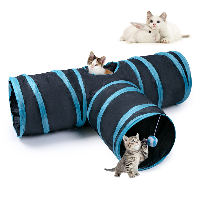 Cat Tunnel, Collapsible Cat Tube with Play Ball, 3 Ways Cat Tunnels for Indoor Cats, Bored Cat Pet Toys Puppy, Kitty, Kitten, Rabbit Black & Blue - PawsPlanet Australia