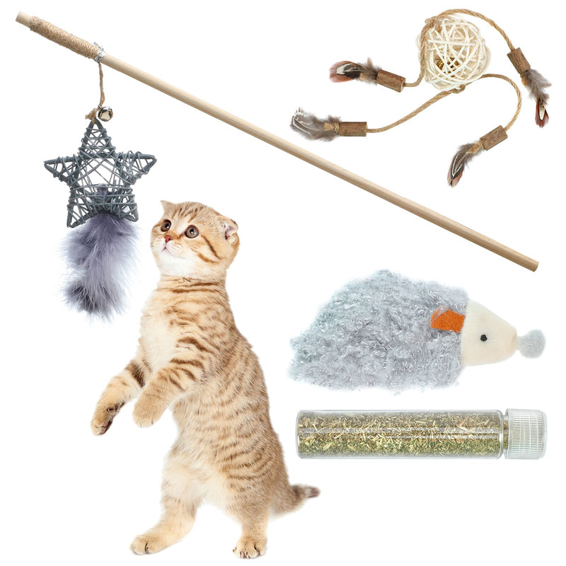 PANGZUOMEI Handmade Cat Toy Set Gifts for Cats for Women for Cat Lovers for Cat Owners Containing 3 Items Star-Shaped Cat Wand Toy Cane Ball Toy Hedgehog-Shaped Toy - PawsPlanet Australia