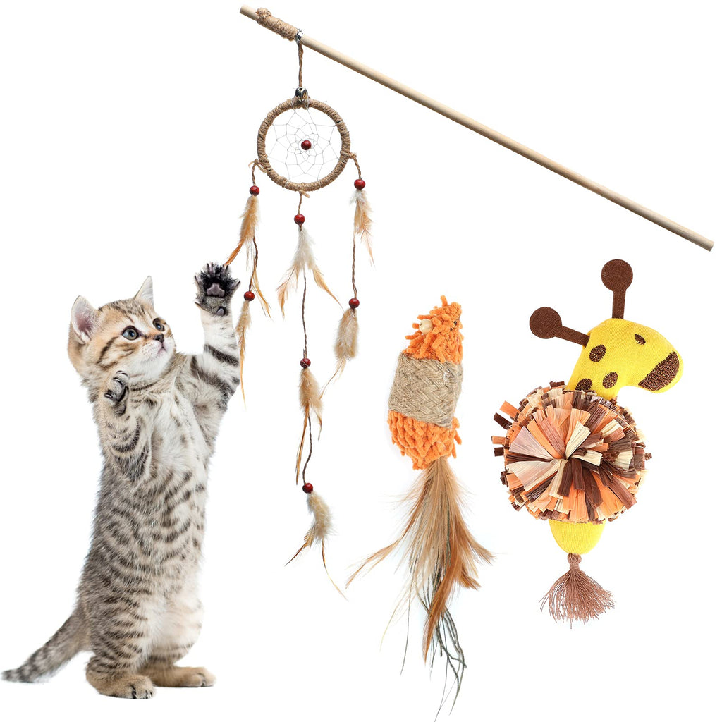 PANGZUOMEI Handmade Feather Cat Toy Set Gifts for Cats for Women for Cat Lovers for Cat Owners Containing 3 Items Indian Style Dreamcatcher Cat Wand Toy Raffia Deer Toy Catnip Mouse Toy - PawsPlanet Australia