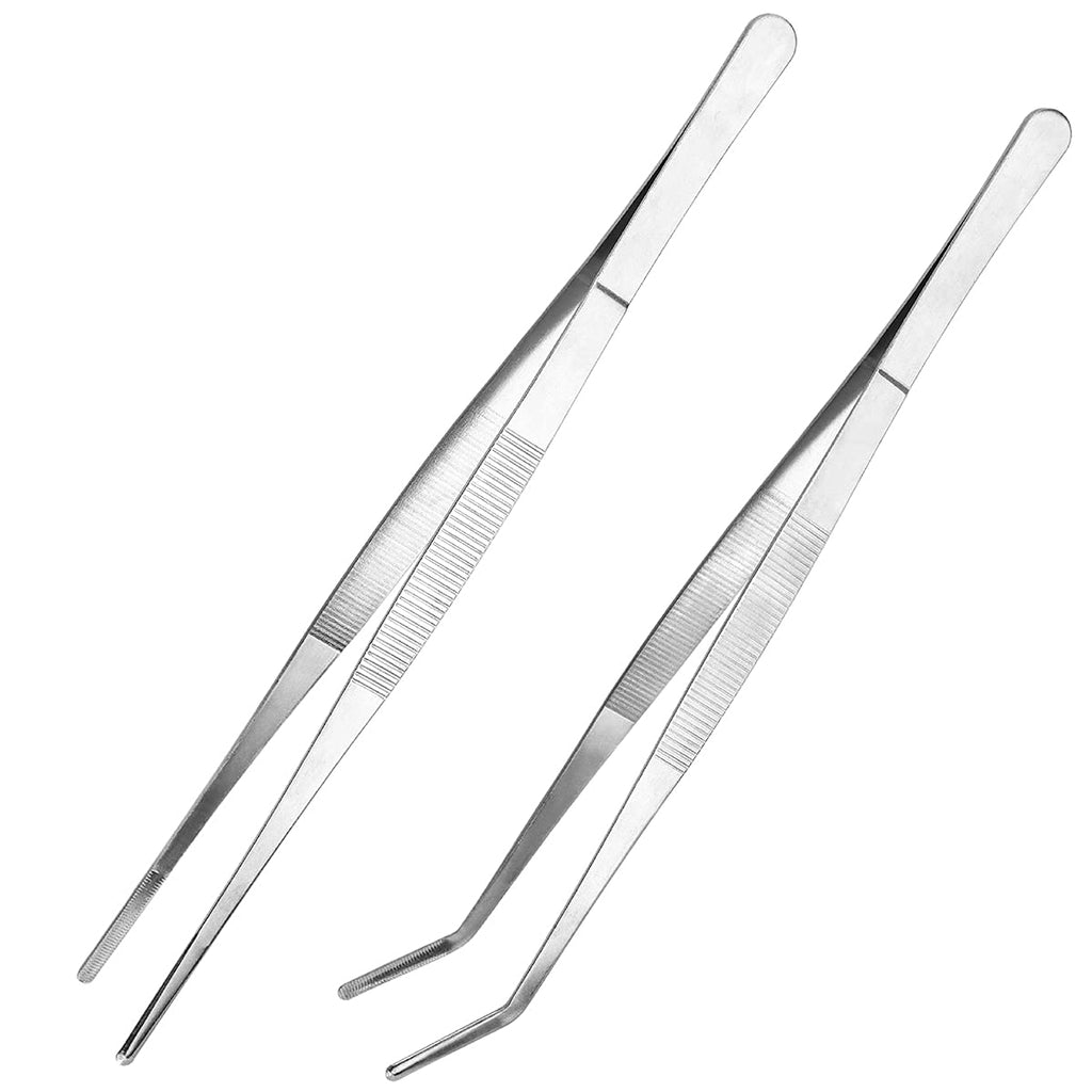 LEEFONE 2 PCS Kitchen Tweezers Long Tweezers, 12 Inch Stainless Steel Food Tweezers with Precision Serrated Tips for Cooking & Feeding (Straight + Curved) - PawsPlanet Australia