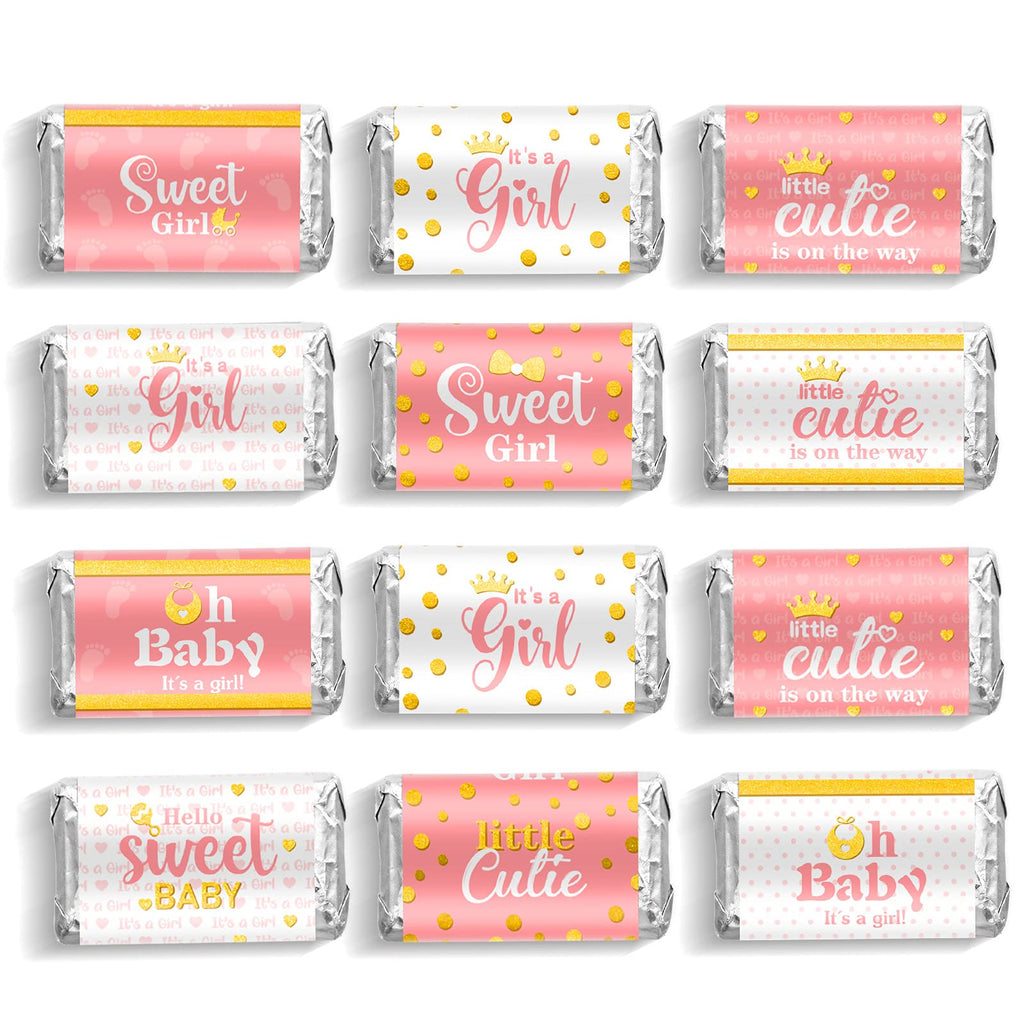 Clabby 90 Pieces Baby Shower Candy Wrappers, Shower Mini Candy Bar Miniatures Wrappers Chocolate Bar Label Stickers for Boys Girls Kids Baby Shower Birthday Decorations (Pink Girl Style) Pink Girl Style - PawsPlanet Australia