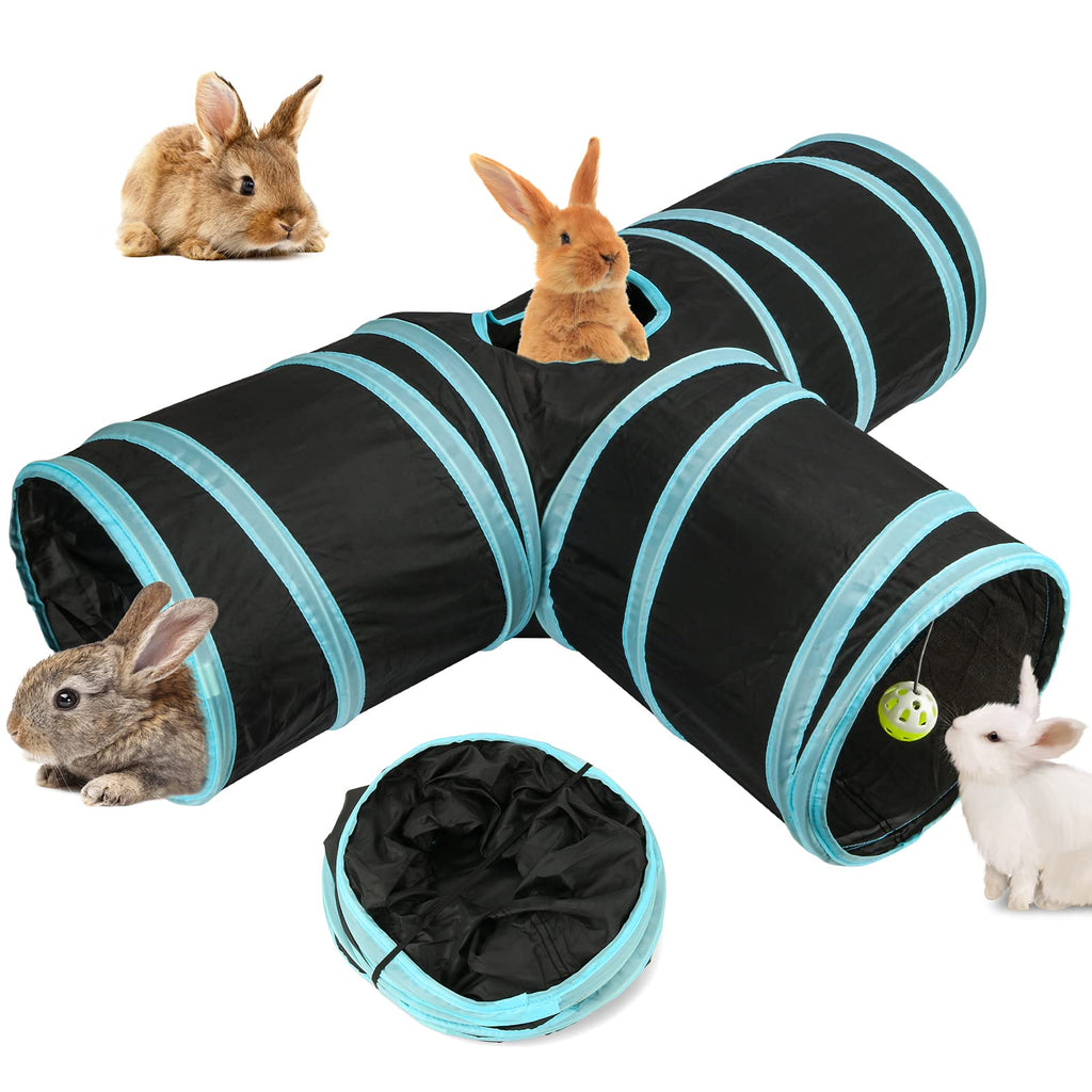 BWOGUE Bunny Tunnels & Tubes Collapsible 3 Way Bunny Hideout Small Animal Activity Tunnel Toys for Dwarf Rabbits Bunny Guinea Pigs Kitty Blue - PawsPlanet Australia