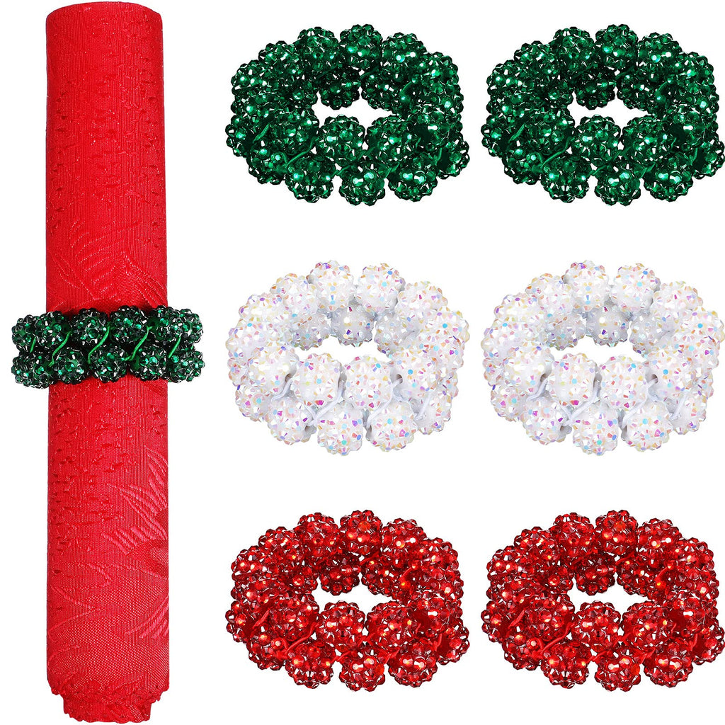 6 Pieces Christmas Handmade Beaded Napkin Rings Crystal Rhinestone Ring Napkin Holders Exquisite Alloy Table Decoration Napkin Rings for Wedding Party Dinner Table Settings, White, Green, Red - PawsPlanet Australia