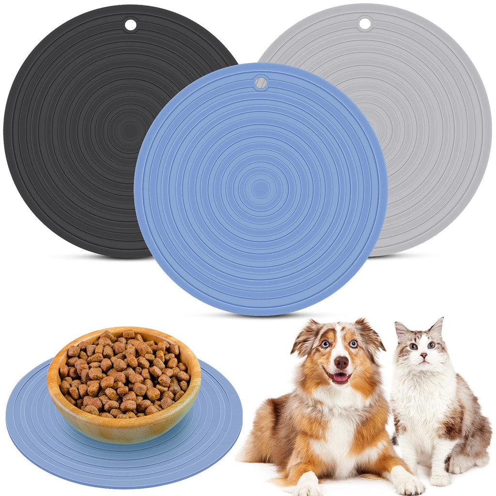 3 Pieces Silicone Pet Food Mat Pet Feeding Mat for Dog and Cat Food Bowl Place-mat Preventing Food and Water Overflow Suitable for Medium and Small Pet 7.1 Inch Blue, Gray, Black - PawsPlanet Australia