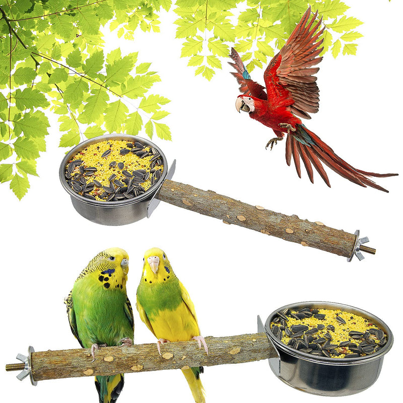 TTEIOPI 2 Pack Bird Feeding Dish Cups,Hanging Stainless Steel Parrot Cage Feeder & Water Bowl with Natural Wood Perch Platform for Parakeet Cockatiels Lovebirds Budgie. - PawsPlanet Australia