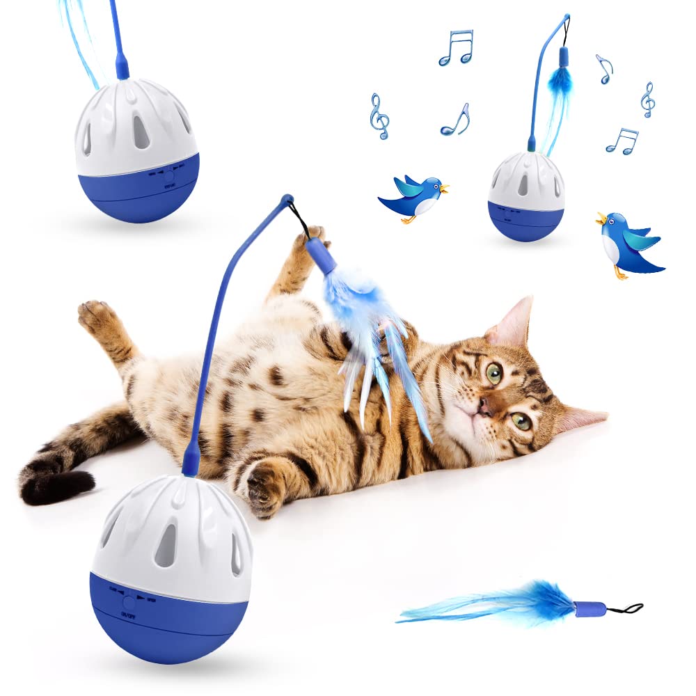 Automatic Cat Toys Interactive Cat Feather Toys, Pet Exercise Toys, Funny Swing Ball, Cat Exercise, Battery Operated, Cute Swing Ball with Feather, Cat Toy with Bird Sound Blue - PawsPlanet Australia