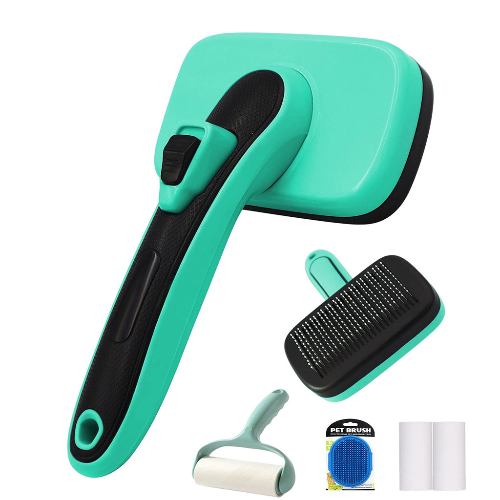 AUREN 2021New Self-Cleaning Slicker Brush + Free Pet lint rollers+ Free Pet Bath Brush | Upgraded button| Cat Dog Brush Grooming Gently Reduces Shedding & Tangling for All Hair - PawsPlanet Australia