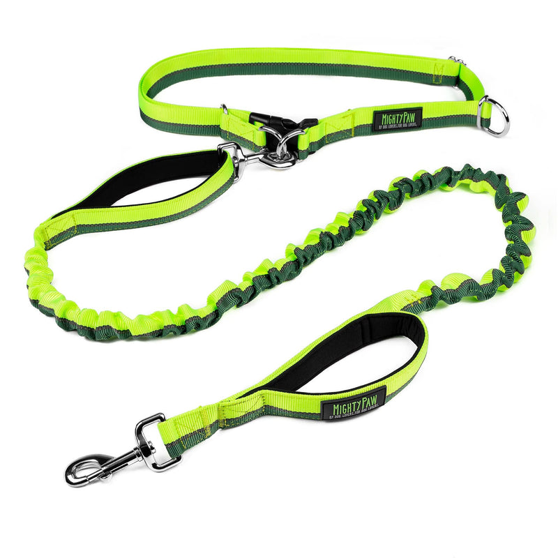 Mighty Paw Hands Free Bungee Leash 2.0 | 4’ Dog Lead W/ Dual Padded Traffic Handles for Running, Hiking & Jogging. Wearable Belt (27-48” Waistband) W/ 2 Attachment Loops. Pets Up to 150lb Green - PawsPlanet Australia