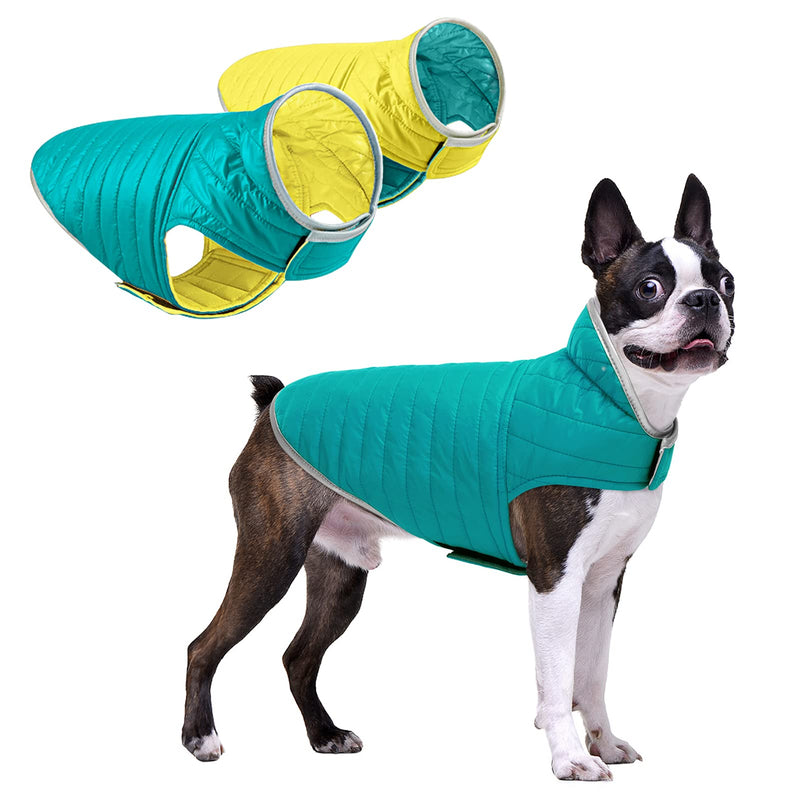 Queenmore Cold Weather Dog Jacket, Reversible Waterproof Adjustable Reflective Ultra-Lightweight Dog Vest for Small, Medium, Large Dogs Blue/Yellow - PawsPlanet Australia