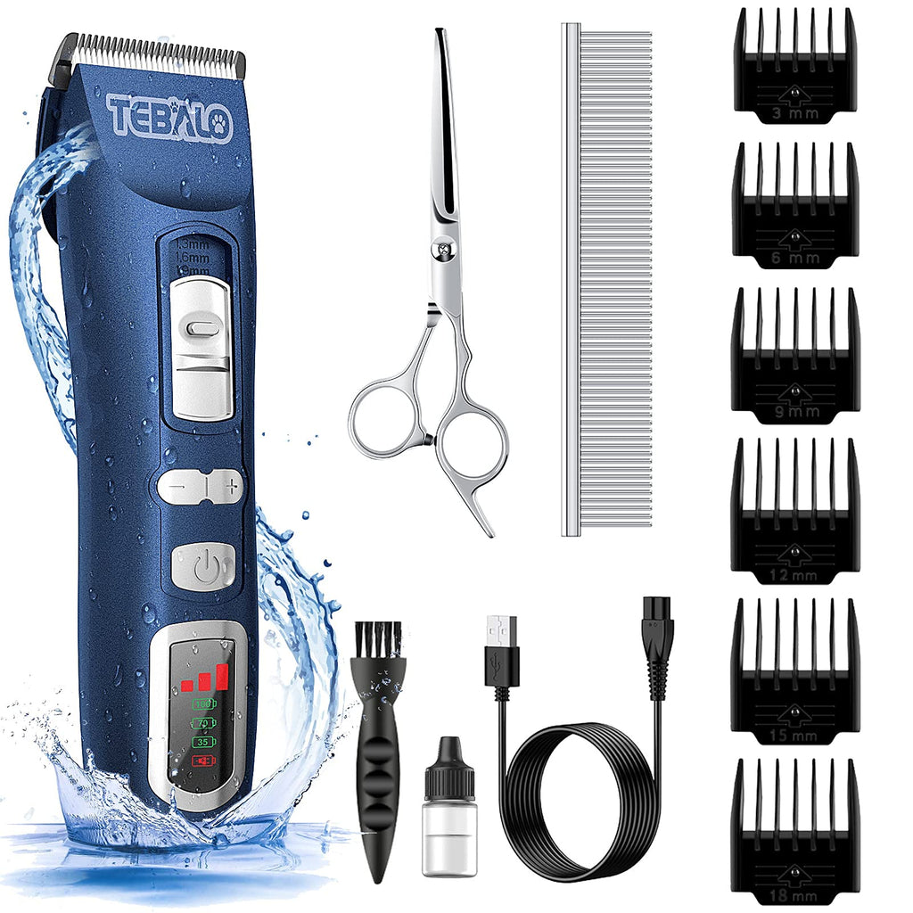 TEBALO Dog Grooming Kit, USB Rechargeable Cordless Dog Clippers for Grooming Electric Dog Grooming Clippers Pets Hair Trimmers Shaver for Dogs Cats with LCD Display Comb Scissors, Low Noise (Blue) - PawsPlanet Australia