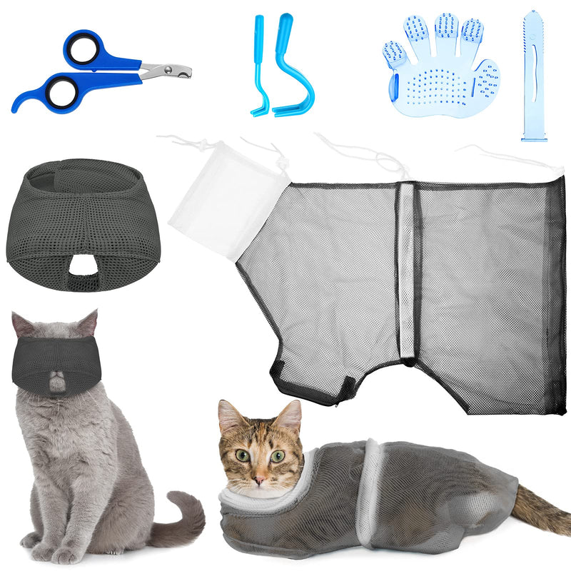 5 Pieces Cat Bathing Bag Set Cat Grooming Bag Adjustable Pet Shower Net Bag Cat Muzzles Anti-Bite Anti-Scratch Nail Clipper Tick Remover Tool Massage Brush for Bathing Cleaning Trimming Grey-White - PawsPlanet Australia