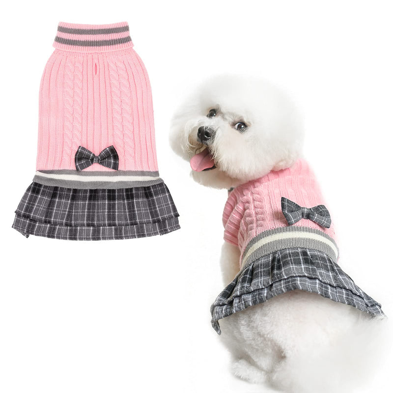 Dog Sweater Dress Plaid Dress with Bowtie - Dog Turtleneck Pullover Knitwear Cold Weather Sweater with Leash Hole, Suitable for Small Medium Dogs Puppies X-Small pink - PawsPlanet Australia