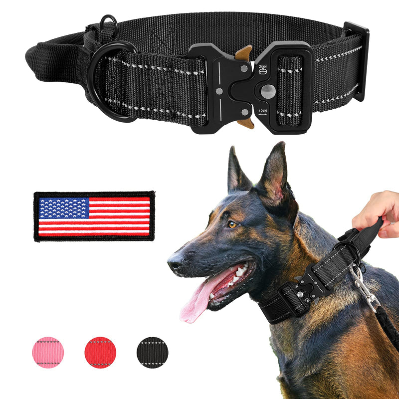 WHIPPY Wide Military Dog Collar with Control Handle Adjustable Quickly Release Metal Buckle Nylon K9 Dog Collar Heavy Duty Training Reflective Collar with USA Flag for Medium Large Dog Pet M-(18"-21") A-black - PawsPlanet Australia