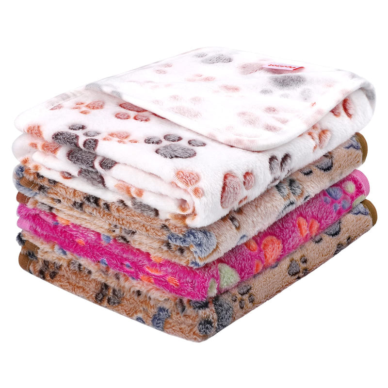 Pedgot 4 Pieces Fluffy Dog Blankets with Paw Print 24 x 16 Inches Soft and Warm Pet Throw Blankets Sleep Bed Mat for Small Dogs and Cats Brown,white,pink - PawsPlanet Australia