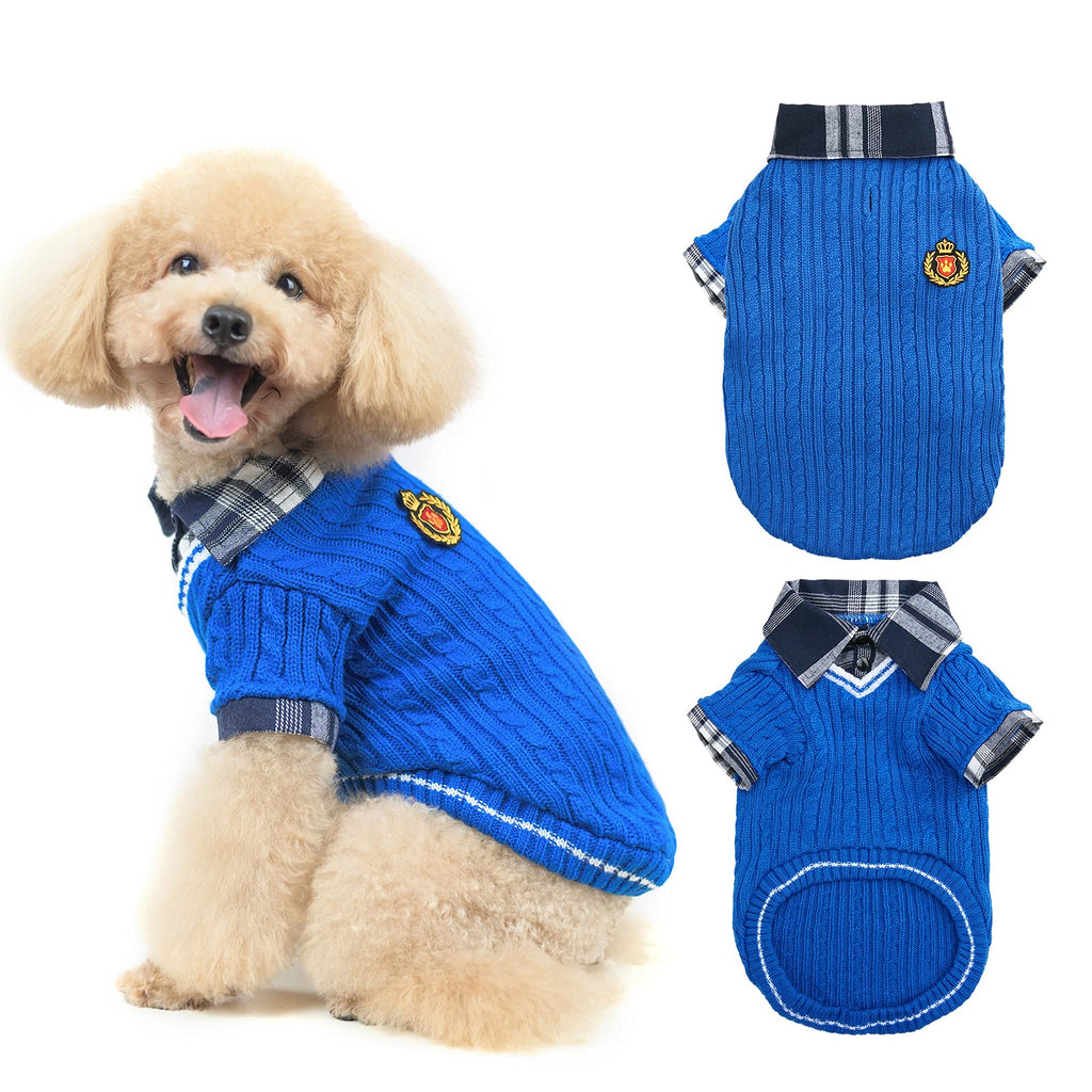 PUPTECK Soft Warm Dog Sweater Cute Knitted Dog Winter Clothes Classic Plaid British Style Dog Coats for Small Medium Dogs XS: chest girth: 15", back length: 10" Blue - PawsPlanet Australia