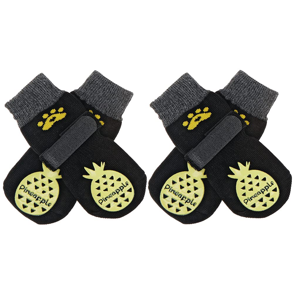 KOOLTAIL 2 Pairs Double Side Anti-Slip Dog Socks with Adjustable Straps - Fruit Pattern Soft Knit Dog Socks with Grip Dog Paw Protector Traction Control on Hardwood Floor Dog Boots Small Black - PawsPlanet Australia