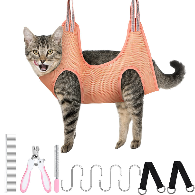 Pet Grooming Hammock for Cats & Dogs Hanging Harness Pet Supplies Kit with Nail Clippers Trimmer, PET Comb, Nail File Adjusting Band Grooming Table for Cats Dogs Bathing Washing Small Pink - PawsPlanet Australia