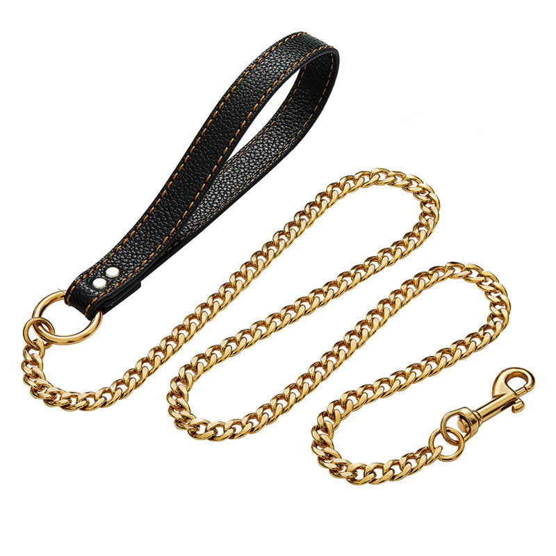 Strong Stainless Steel Gold Chain Dog Leash,with Leather Handle,12mm Width 18K Gold Plated NK Link Chain Leash,Metal Leash for Small Medium & Large Dogs 3ft (36 inch) - PawsPlanet Australia