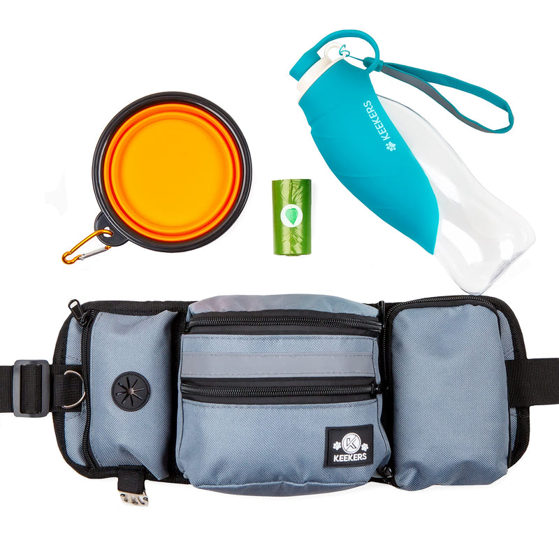 Keekers Handy 4-in-1 Dog Treat Pouch Kit - Fanny Pack with Water Bottle Holder, 20 oz Dog Water Bottle with Foldable Cup, 1 Roll of Waste Bags, and Collapsible Portable Dog Bowl Teal - PawsPlanet Australia