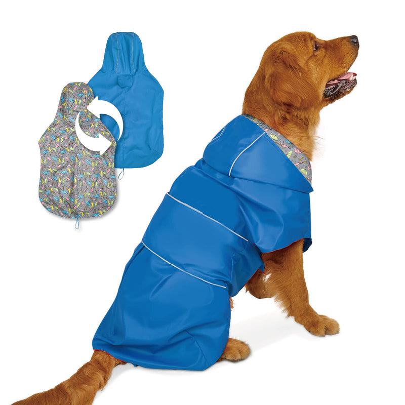 FOFOS Dog Raincoat Reversible Slicker Poncho Adjustable Rainproof Jacket with Leash Hole/Reflective Stripe Hooded Windproof Clothes for Small to X-Large Dogs and Puppies Blue / Boots - PawsPlanet Australia