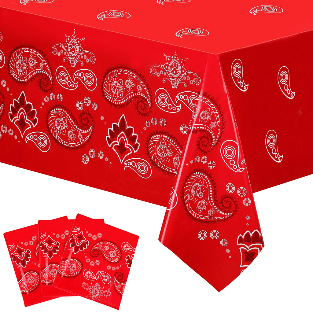 Bandana Western Party Tablecloth Red Paisley Print Plastic Table Cover Red Dandana Design Table Cloth Rectangle Floral Tablecloth for Western Cowboy Themed Party Decorations, 51 X 87 Inches (3 Pack) 3 - PawsPlanet Australia