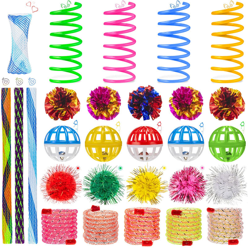 47 Pieces Cat Toy Springs Balls Set Includes Mylar Crinkle Cat Toy Balls Assorted Color Tinsel Pom Pom Balls Cat Spring Toys Plastic Lattice Ball with Bell Cat Spring Tube Toy for Cat Kitten, 6 Styles - PawsPlanet Australia