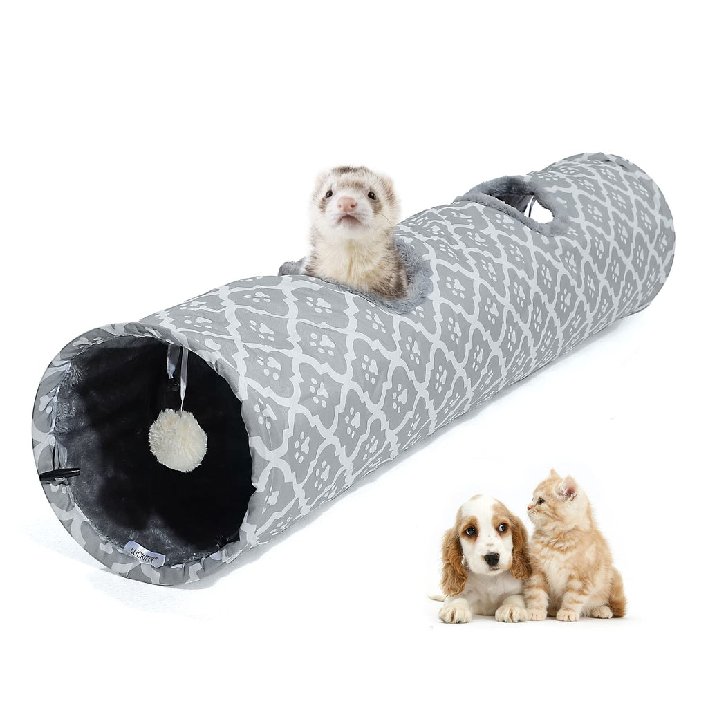 LUCKITTY Geometric Cat Tunnel with Plush Inside,Cats Toys Collapsible Tunnel Tube with Balls, for Rabbits, Kittens, Ferrets,Puppy and Dogs Grey-Paw - PawsPlanet Australia