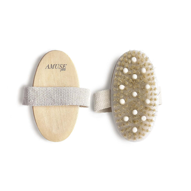 AMUSE Pets Eco Pet Grooming Brush with Natural Bristles | Shampoo Brush for Medium or Short Hair Dog and Cat | Clean & Massage 2 in 1 | Dry and Wet Use | Come w/Free Cotton Bag - PawsPlanet Australia