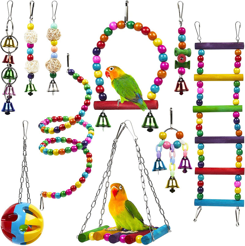 Bird Parrot Toy, 10Pcs Bird Swing Toys Bird Chewing Toys, Colourful Pet Bird Toys with Wooden Hanging Stand Ladder Cage Hanging Bell for Birds, Parrots - PawsPlanet Australia
