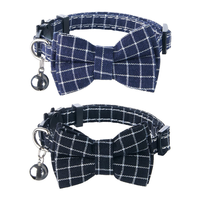 CHOIEO 2 Pcs Cat Collars with Bow Ties and Bell, Plaid Patterns, Breakaway Safety Buckle Kitten Collars, Adjustable & Comfortable Pet Collars Black+Navy Blue - PawsPlanet Australia