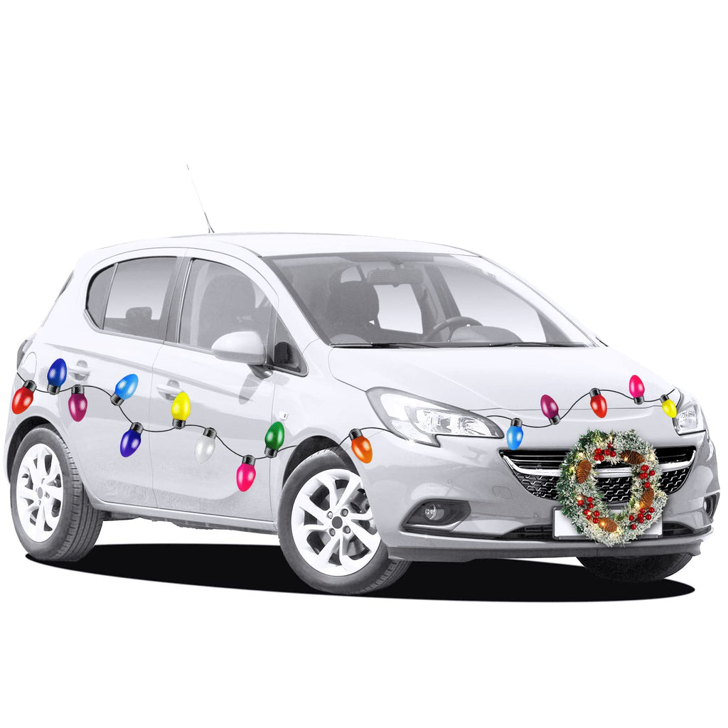 Christmas Wreath with 30 Pieces Christmas Bulb Light Shaped Car Magnets Reflective Lights Car Refrigerator Decorations and 15 Pieces Magnetic Wires for Christmas Home Car Decoration - PawsPlanet Australia