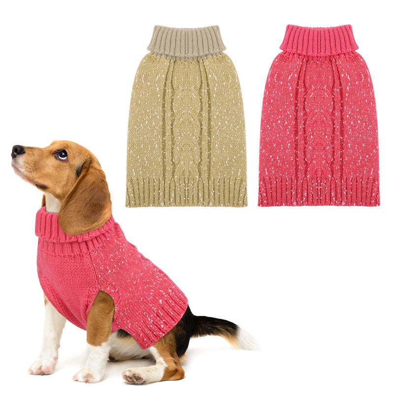 Pedgot 2 Pieces Dog Sweater Turtleneck Knitted Dog Sweater Dog Jumper Coat Warm Pet Winter Clothes Classic Cable Knit Sweater with Yarn Warm Pet Sweater for Fall Winter Small Beige, Pink - PawsPlanet Australia