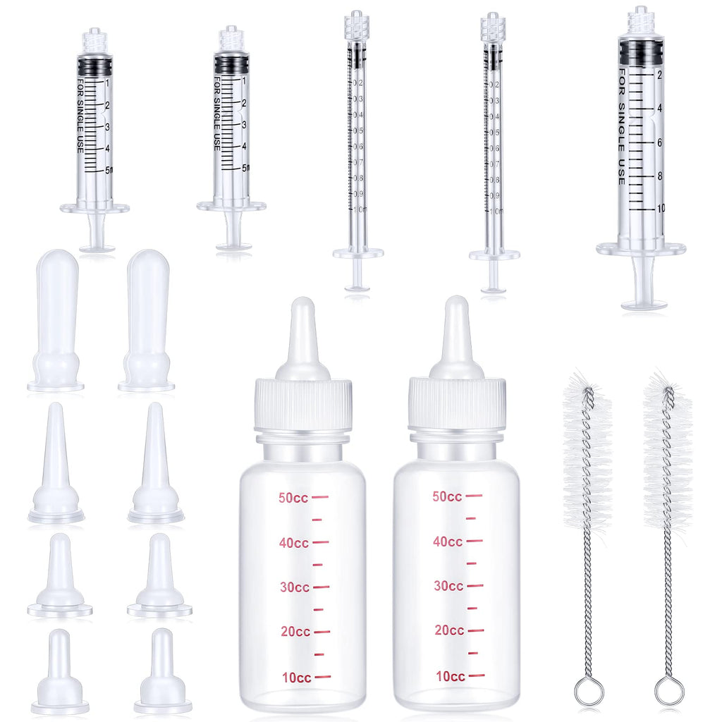17 Pieces Pet Feeding Bottle Kit Including 2 Pet Nursing Bottle, 8 Replacement Pet Feeding Nipples, 5 Dog Nursing Syringes in 1 ml, 5 ml and 10 ml, 2 Cleaning Brushes for Kittens, Puppies, Rabbits - PawsPlanet Australia