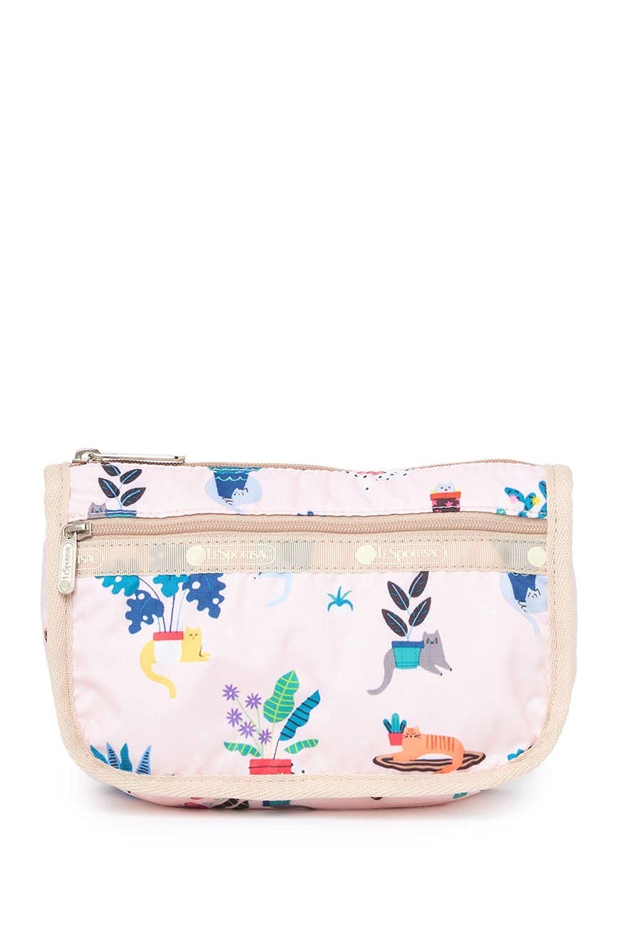 LeSportsac Comfy Cats Travel Cosmetic Bag Style 7315/Color F645 Colorful Playful Cozy Kittens and Cats Amid Floral Designs, Light Pink Iridescent Sheen Bag - PawsPlanet Australia