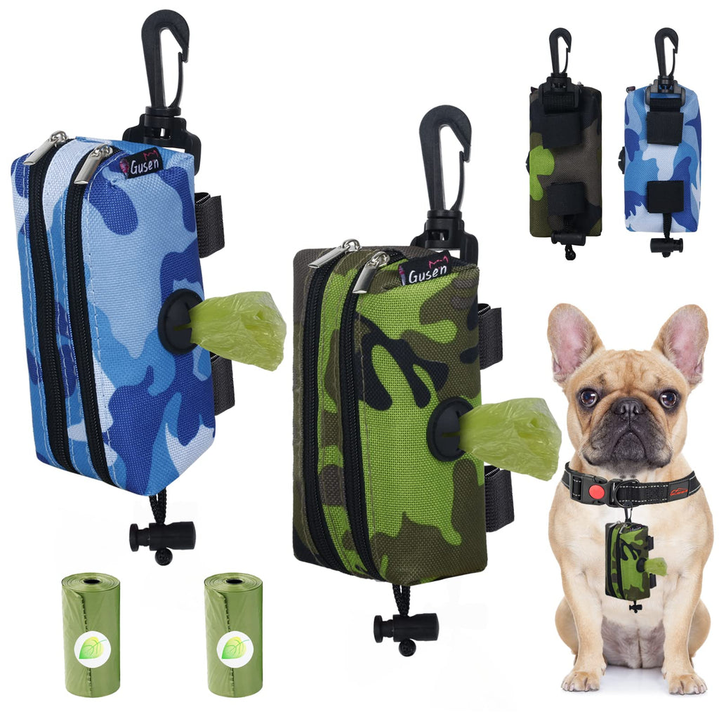 GUSEN 2 Pack Dog Poop Bag Holder for Leash with 2 Zipper - Poop Bag Dispenser, Pet Waste Bag Holder Leash Attachment with 2 Roll Poopy Bags Leak-Proof Dog Waste Bags (Camo(Blue+Green)) Camo(Blue+Green) - PawsPlanet Australia