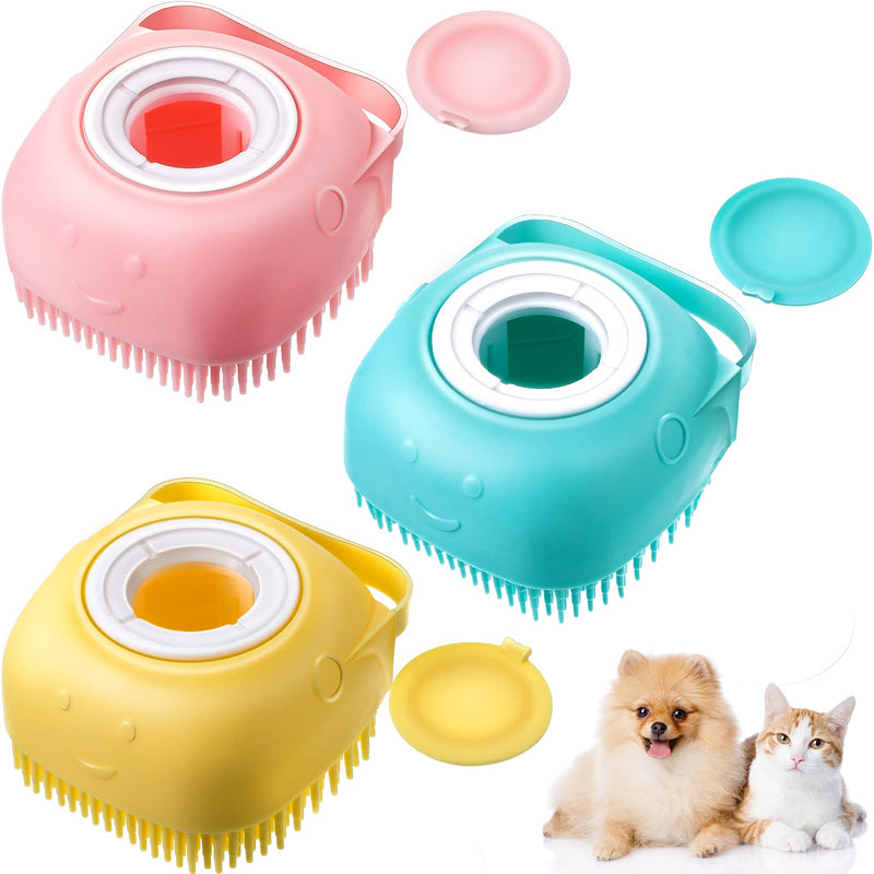 3 Pieces Dog Brush Cat Bath Brush Comb Silicone Rubber Dog Shampoo Grooming Brush Silicone Puppy Massage Brush Pet Hair Cleaning Wash Brush Scrubber Soft Shampoo Dispenser, Blue Pink Yellow - PawsPlanet Australia