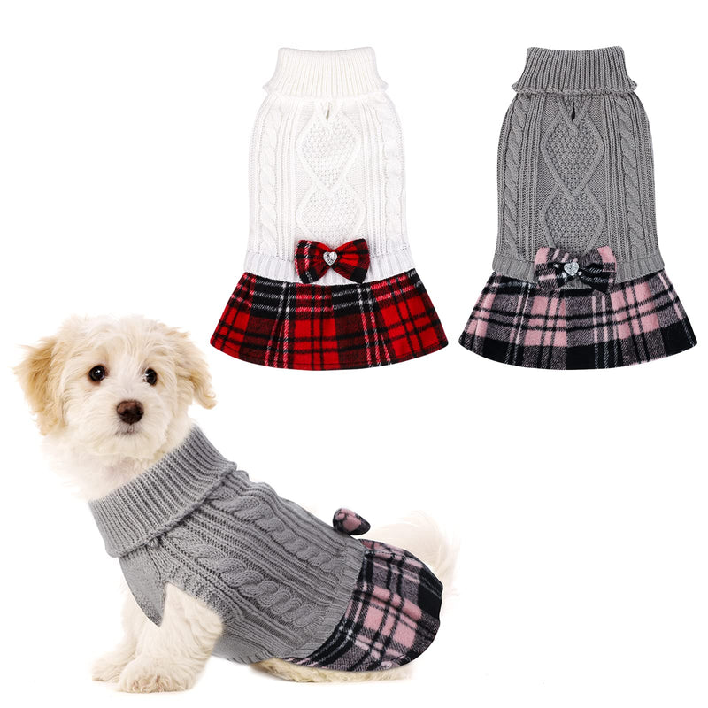 Pedgot 2 Pieces Dog Sweater Dress Plaid with Bowtie Turtleneck Dog Knitwear Pet Sweater Pullover Sweater for Dogs Cat Dress Checked Small Beige, Grey - PawsPlanet Australia