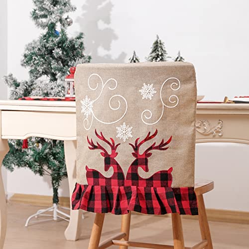 MEGNISA Christmas Chair Covers for Dinning Room Set of 4 Chair Back Cover Dinning Chair Slipcovers Reindeer Plaid Christmas Decorations 4 Pcs - PawsPlanet Australia