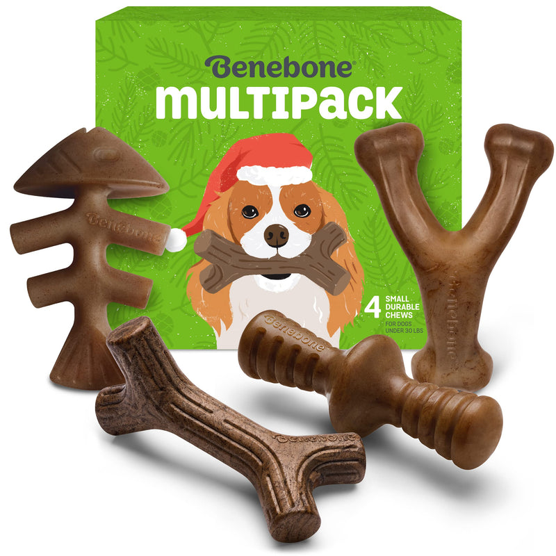 Benebone Holiday 4-Pack Durable Dog Chew Toys for Aggressive Chewers, Real Flavors, Made in USA Small - PawsPlanet Australia
