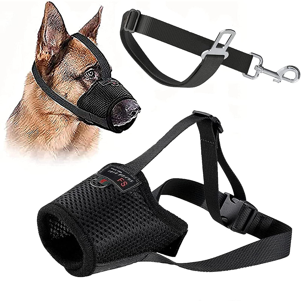 Dog Muzzle, Adjustable Velcro Pets Muzzle Mesh Breathable Soft Nylon Muzzle Anti-Biting Barking and Chewing Mouth Cover for Medium, Large and Extra Dogs, with Adjustable Dog Car Seatbelt L - PawsPlanet Australia