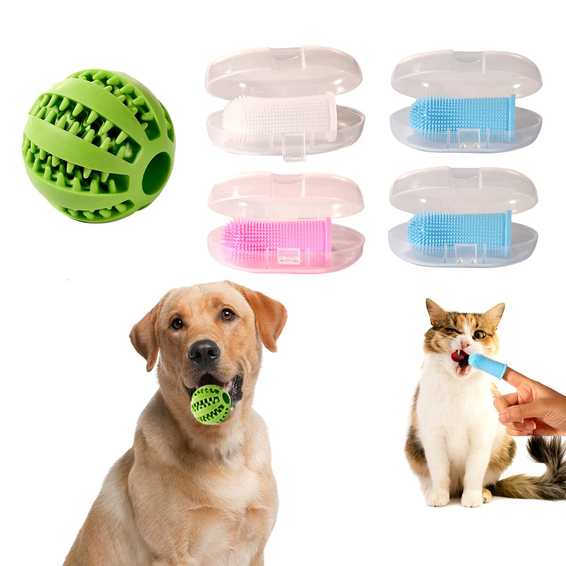 MINDFLY Dog Ball Toy, 360º Finger Toothbrush Kit 5 in One,100% BPA Free, Full Surround Soft Bristles,Durable Rubber Dog Treat Toys for Easy Teeth Cleaning，IQ Training for Puppies and Small Medium Pets - PawsPlanet Australia