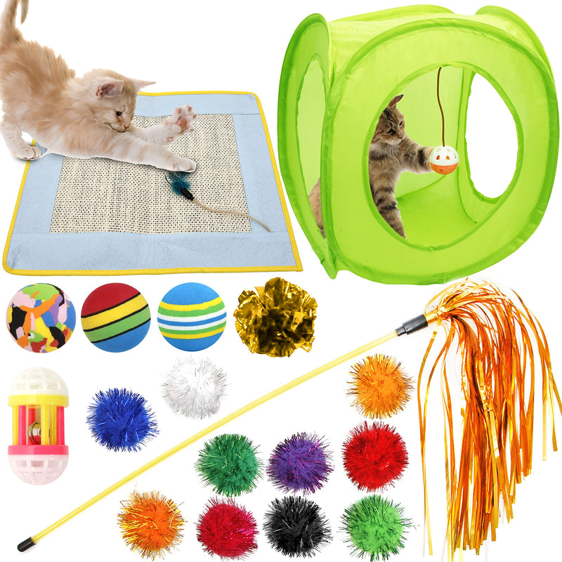 Youngever 18 Cat Toys Kitten Toys Assortments, Cat Teaser Wand, Interactive Bell Toy, Sparkle Balls for Cat, Puppy, Kitty, Kitten with Square Tunnel and Scratching Mat - PawsPlanet Australia